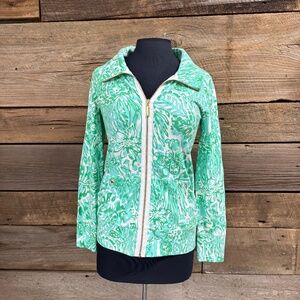 Lilly Pulitzer Zip Up jacket, Green and white palm print, Size Small